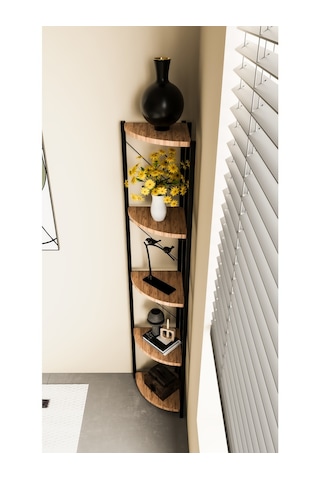 Alpa Ev Mobilya Üçgen Köşe Raf, 5 Raflı Metal Gövdeli Dekoratif Kitaplık, Çok Amaçlı Ünitesi Atlantik Çam