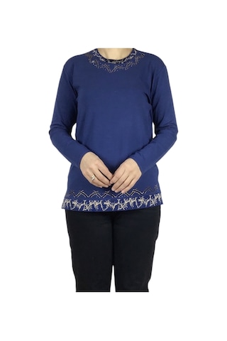 Kadın Yaka Ve Etek Desenli Taşlı Likralı Bluz-arpbattal2 Mavi