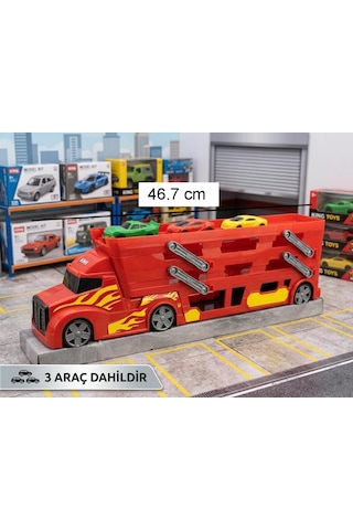 3 Katlı Mega Tır Rampalı Otopark - 46.7cm, 37 Araç Kapasiteli 3 Arabalı Oyuncak Araba Seti Kırmızı Çok Renkli