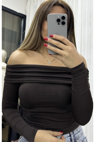 Daves Madonna Yaka Drapeli Uzun Kollu Sandy Body Bluz-acı Kahve Acı Kahve Acı Kahverengi