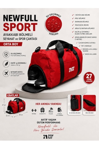 Newfull Sport Ayakkabı Bölmeli Astarlı Su Geçirmez Seyahat Ve Spor Çantası-orta Boy Kırmızı