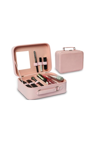 Moveevo Aynalı Seyahat Makyaj Çantası - Bölmeli Kozmetik Makyaj Tren Çantası Su Geçirmez Pu Kabuk İçin