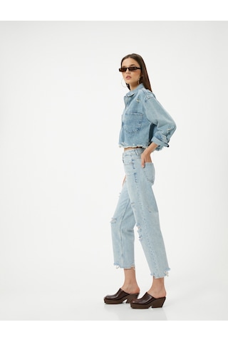 Koton Çok Yıpratmalı Kısa Düz Kesik Paça Kot Pantolon Cepli - Eve Straight Jeans Açık İndigo 4sal40409md Açık İndigo