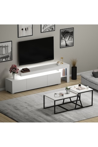 Beliz LED Işıklı TV Sehpası ve Minimal 2'li Orta Sehpa Takımı – Beyaz – Modern Oturma Odası Seti