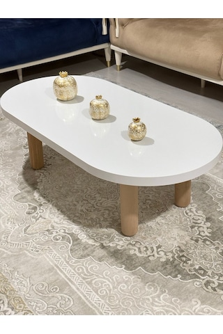 Oval Model 120x60 Cm Kalın Kenarlı Orta Sehpa Ahşap Ayaklı Beyaz