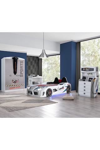 Setaymobilya Sports Çocuk Odası, Audi Araba Yatak Dolap Masa Şifonyer - Beyaz