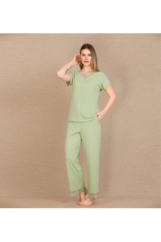 Hrşytrend Herşeytrend Pamuklu Şık Tasarım Dantel İşlemeli Yeşil Kısa Kol Pijama Takımı Yeşil