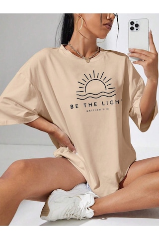Be The Lıght Kadın Renkli Özel Baskılı Oversize Süprem Bisiklet Yaka T-shirt Bej