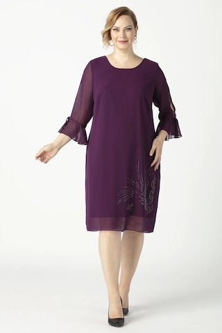 Moda Berray 3132 Taş Baskılı Şifon Tarz Büyük Beden Şık Elbise Mürdüm Mürdüm