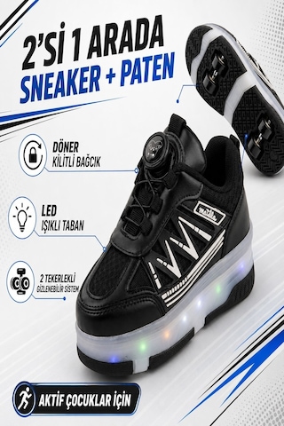 Muggo Skate Çocuk Işıklı Patenli Tekerlekli Sneaker Spor Ayakkabı Siyah