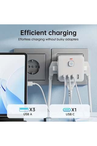 Xuweiwei 7li Fonksiyonlu Güç Küpü Beyaz 3 Ac Priz 4 Usb Port Usb C Hızlı Şarj Dalgalanma Korumalı Taşınabilir Çok Amaçlı Adaptör
