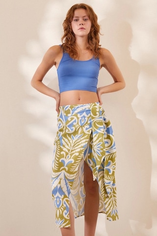 Never More Yırtmaçlı Desen Etek Mavi