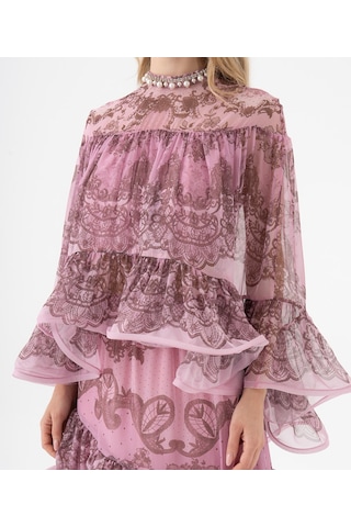 Dantel Desenli Katlı Şifon Volanlı Bluz Mor
