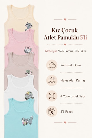 Nicoletta Kız Çocuk Atlet Geniş Askılı Kedi Baskılı Pamuklu Likralı Tişört Çok Renkli