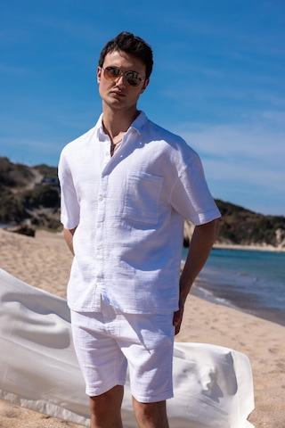 Keten Kumaş Beyaz Renk Cep Detaylı Gömlek Şort Erkek Takım-1733 Beyaz