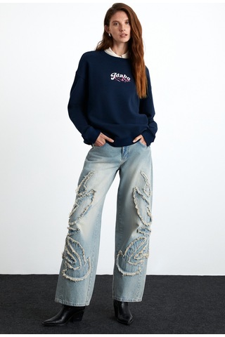 Grimelange Elınay Kadın Pamuklu Oversize Fit Ön Arka Baskı Detaylı Koyu Mavi Sweatshirt