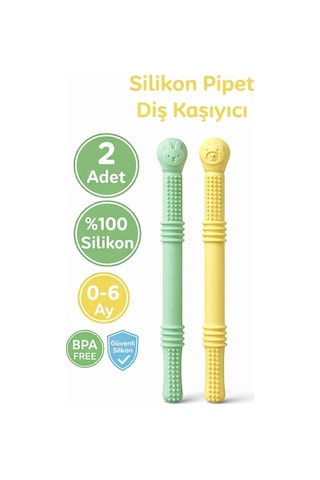 Bebek Diş Kaşıyıcısı Silikon Pipet & Diş Kaşıyıcı Set 2 Li Yeşil & Sarı I Dişlik Çiğneme Tüpü Pipet Yeşil - Sarı