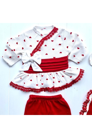 Kalp Desenli Dantel İşlemeli Hastane Çıkışı Bebek Takımı Beyaz