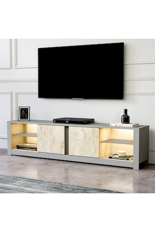 Aydos LED Işıklı Modern TV Sehpası – Cam Raflı, 2 Kapaklı, 180 cm, Gri/Traverten