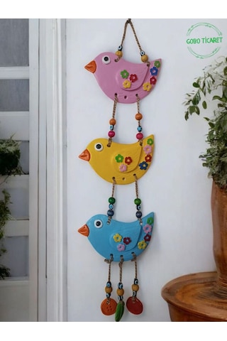 3'lü El Boyaması Dekoratif Kuş Duvar Ve Balkon Süs Boncuklu Pembe