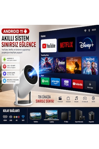 Mini Android 11 Projeksiyon Cihazı Hd 1280x720, Wifi 2.4g/5g, Hdmı Usb Destekli Taşınabilir Ev Sinema Projeksiyon