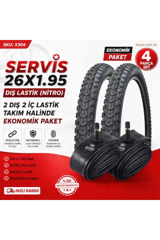 Servis 26x1.95 Dış Lastik Nitro Bisiklet Lastiği + İç Lastik 2 Şer Adet Takım Servis 26x1.95 Dış Lastik Nitro Bisiklet Lastiği + İç Lastik 2 Şer Adet Takım