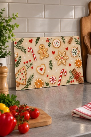 Gökçeoğlu Cam Kesme Tahtası Yılbaşı Temalı - Cam Kesme Tablası 30cm X 40cm Çok Renkli