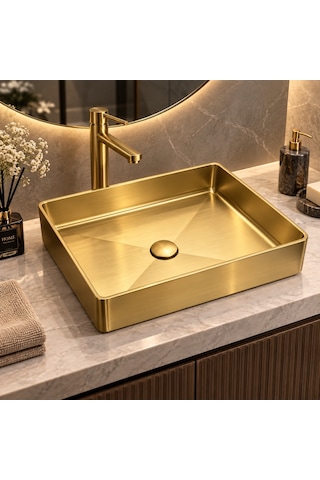 Alfas Aura 51x36cm Dikdörtgen Tezgah Üstü Tezgah Altı Çanak Lavabo Pvd Mat Gold 304 Paslanmaz Çelik