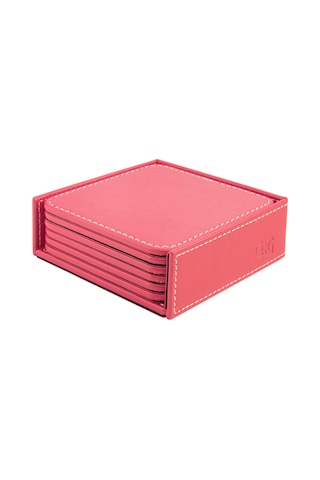 Bardak Altlığı,6 Lı Set,masaüstü Kare Cup Coaster,vegan Suni Deri,11x11 Cm.,fuşya