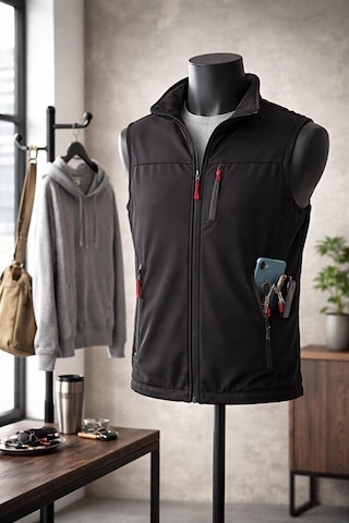 Vatan Tekstil Dik Yaka Slim Fit 3 Cepli Softshell Erkek Yelek Su İtici Kumaş Siyah