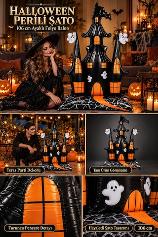 Halloween Cadılar Bayramı Ayaklı Perili Şato Folyo Balon 106 Cm Siyah Turuncu Hayaletli Oda Süsü Çok Renkli