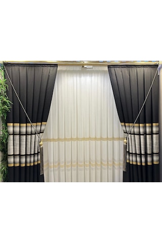 Nivemeshome Melanezya Siyah- Gold Şeritli 1/3 Sık Pileli Fon Perde Apm Siyah- Gold