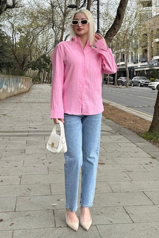 Madmext Pembe Kırışık Desen Kadın Gömlek Mg2313 Pembe