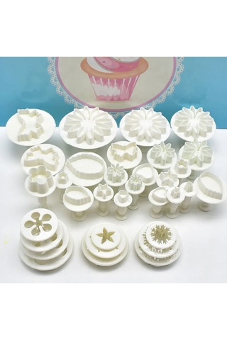 Suofeng 33 Parça Gıda Grubu Plastik Pasta Kalıbı Seti - 10 Farklı Desenli Ayçiçeği, Kelebek, Gül Yaprağı Vb. - Pastane Ve Kek Dekorasyonu İçin Kolay Kullanım Beyaz