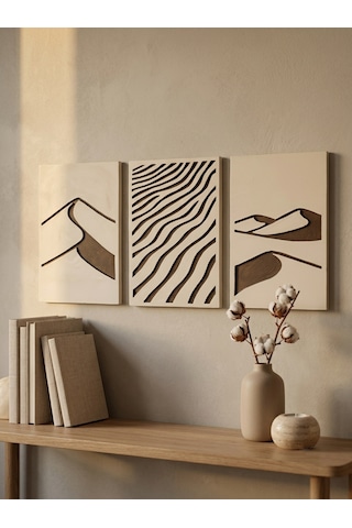 Desert Trilogy 3'lü Duvar Sanatı Seti - Modern Soyut Kum Tepesi Ve Rüzgar Dalgaları Motifli Kazıma Tablo, Organik Minimalist Oyma Tablo Seti