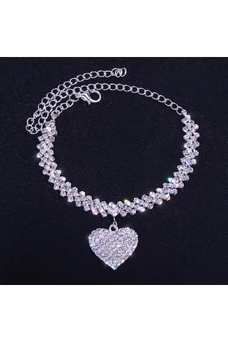 Kalpli Kristal Taşlı Halhal Gümüş Kaplamalı Gümüş Kaplama