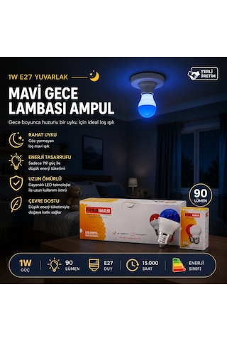 10 Adet 1w E27 Mavi Yuvarlak Gece Lambası Led Ampul Eamp-075 Çr