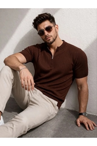 Vexor Erkek Kısa Kol Fitilli Triko T-shirt Yazlık Hakim Yaka Tişört - Kahverengi