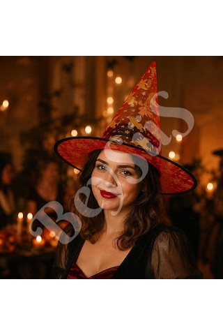 Beysüs Halloween Cadılar Bayramı Cadı Şapkası Kırmızı Gold Şeffaf Tüllü Tüm Yaşlar