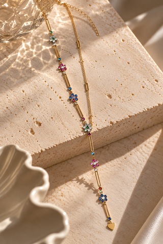 Bloom Collection Amora Renkli Taşlı Çiçek Detaylı Gold Uzun Çelik Y Kolye Altın Altın
