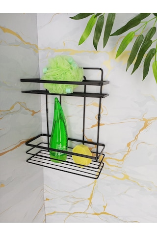 Yapışkanlı 2 Katlı Banyo Rafı,yuvarlak Havluluk,tuvalet Kağıtlığı, Bornozluk Siyah