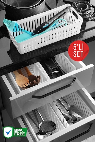 5 Adet Çekmece İçi Bıçaklık & Kaşıklık Organizer Beyaz