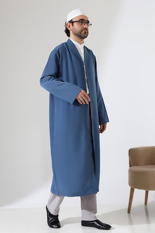 Erkek Namaz Elbisesi Buhara Yaka Cepli Namaz Cübbesi Mavi- Sfa Mavi