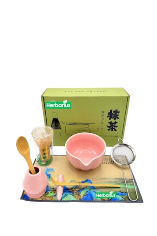 Herbarius 8 Parça Parlak Pudra Pembe Renk Matcha Çayı Hazırlama Seti - Geleneksel Japon Matcha Seti