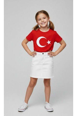 Nacar Store Kız Çocuk 23 Nisan 29ekim Gösteri Kıyafeti Kostüm Tütü Etek Kısa Kol Çiçek Desenli T-shirt Takım001 Kırmızı-beyaz
