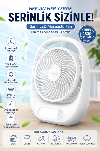 Şarjlı Led Masaüstü Fan 1800 Mah 3 Kademeli Taşınabilir Mini Auhma Masa Vantilatör Type-c Şarjlı 180 Dönebilen Başlık