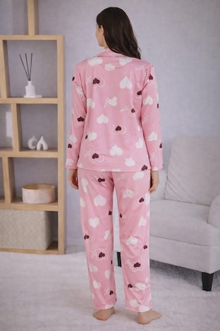 Pemilo Kadın 7120 Uzun Kol Düğmeli Pijama Takımı PEMBE