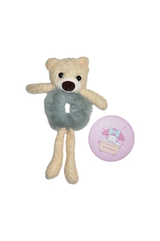 Ayıcıklı Peluş Kız Çocuk Lastik Toka & Ayna Seti Turkuaz