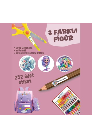 Okul Etiketi Kalem Defter Etiketi Deniz Perisi Özel İsim Yazılabilen Etiket - 252adet