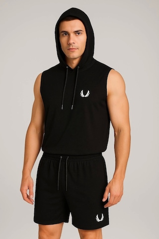 Erkek Lette Kapüşonlu Armalı Esnek Kolsuz Siyah Şortlu Takım Siyah